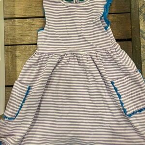 Mini Boden Girls' Lavender Stripe Sleeveless Dress with Blue Trim